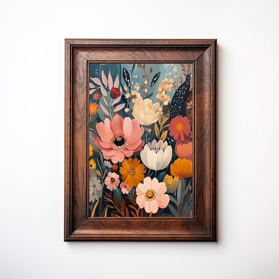 Moody Dark Floral Bouquet Pink Cosmos Gold Marigold Decor Poster