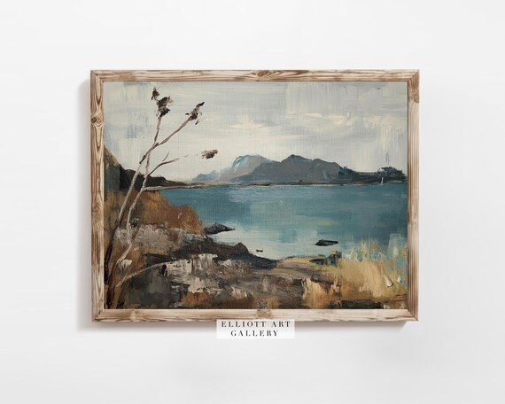 Rugged Coastal Lake Vintage Oil Painting Mountain Landscape Print