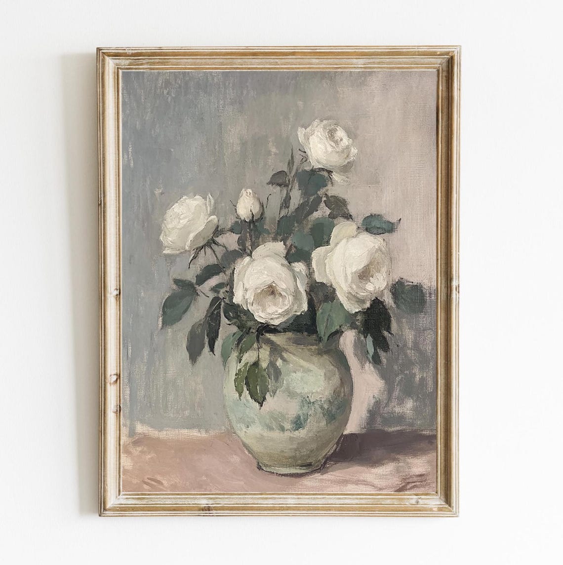 White Roses In Vase Rustic Still Life Painting Vintage Print