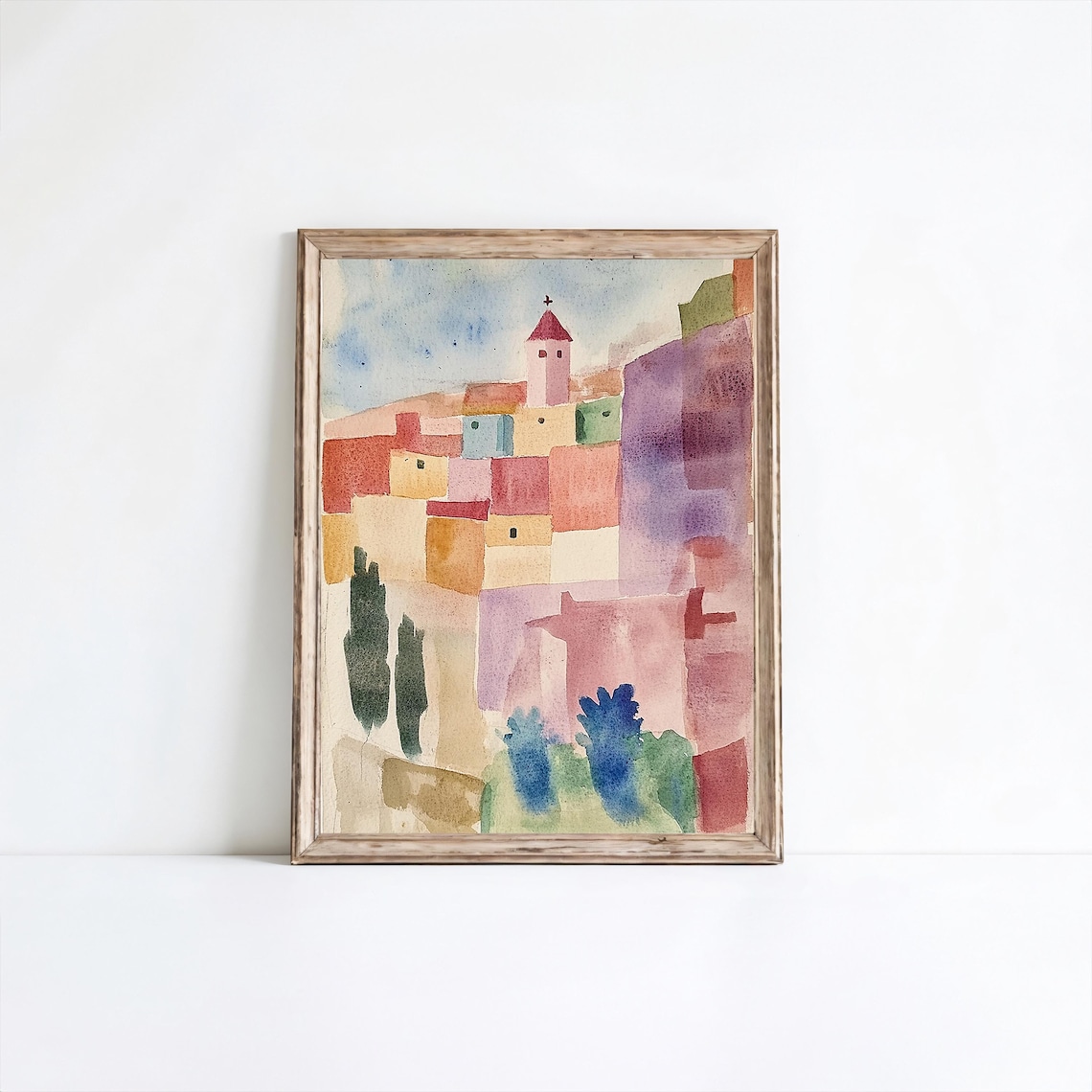 Abstract Watercolor Village Church Pastel Hill Town Boho Art Print