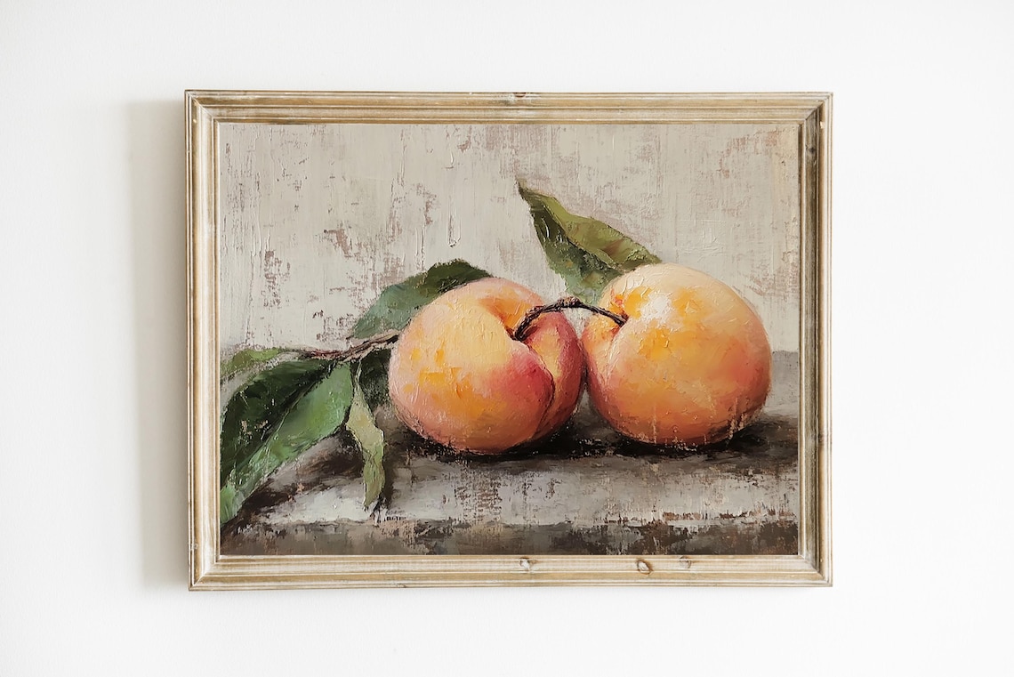 Two Ripe Peaches Still Life Antique Fruit Oil Painting Wall Poster