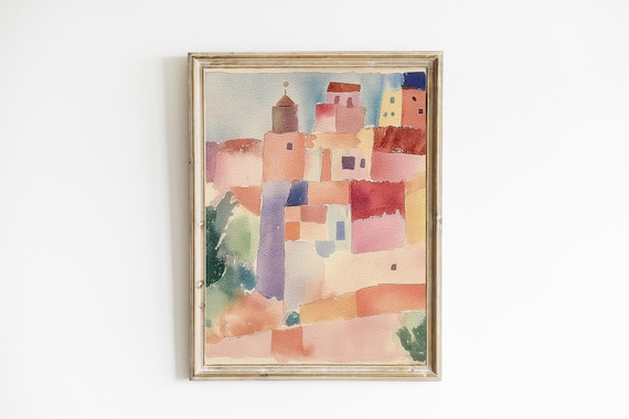 Pastel Watercolor Old Town Cityscape Village Hillside Art Poster