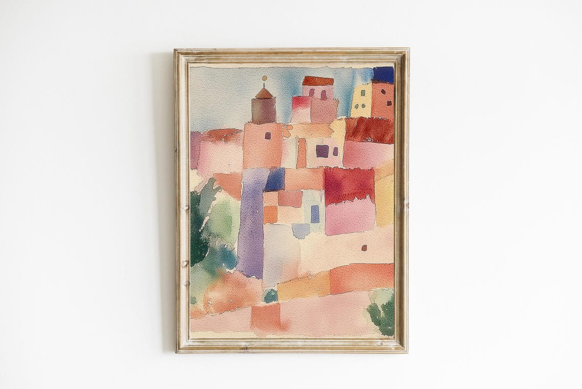 Pastel Watercolor Old Town Cityscape Village Hillside Art Poster