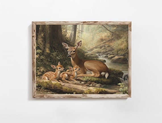 Deer Family Doe And Fawns Vintage Forest Stream Wildlife Poster