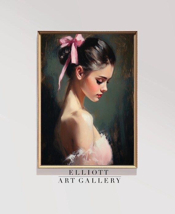Vintage Pink Bow Ballerina Dancer Portrait Oil Painting Art Print