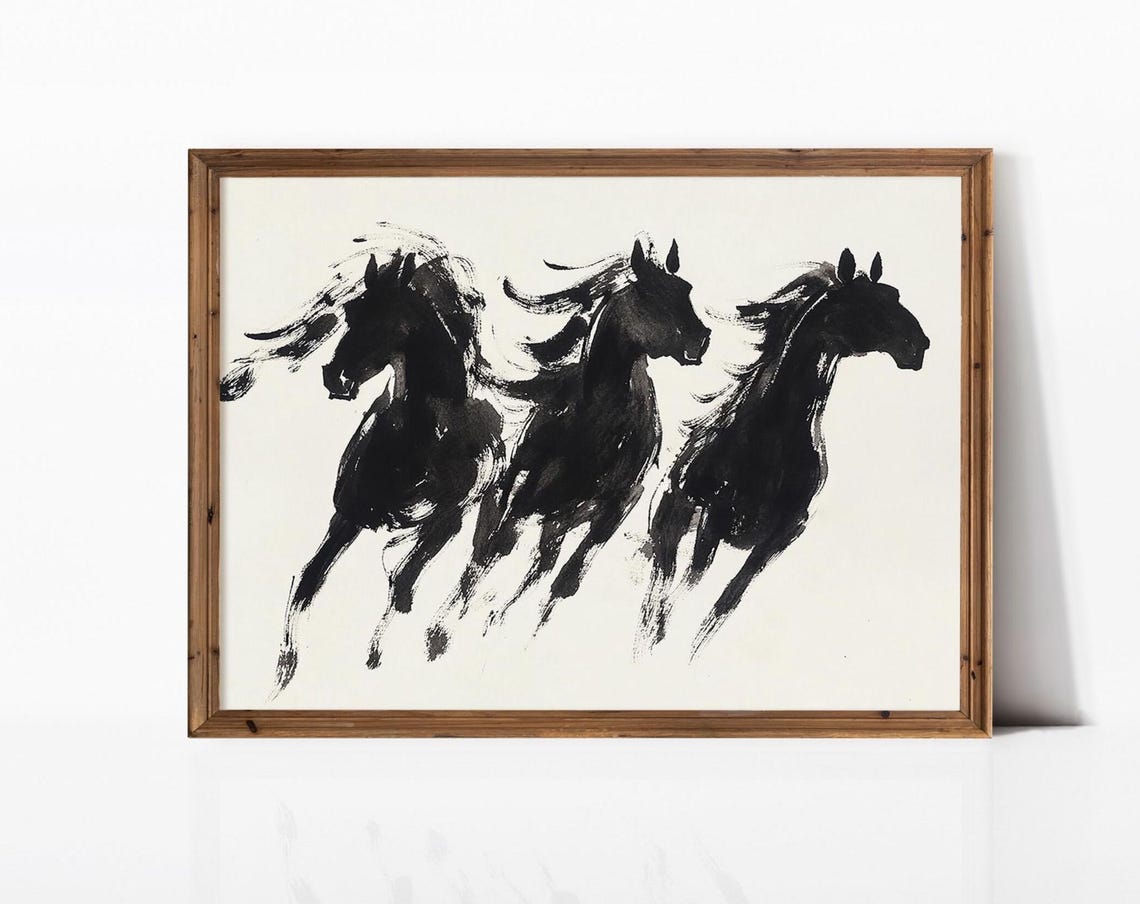 Galloping Wild Horses Abstract Black Ink Modern Art Wall Print