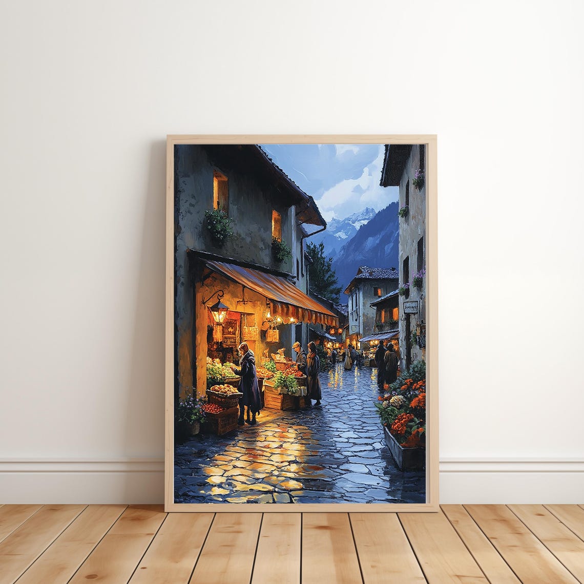 Alpine Village Market Dusk Cobblestone Street Vintage Art Print