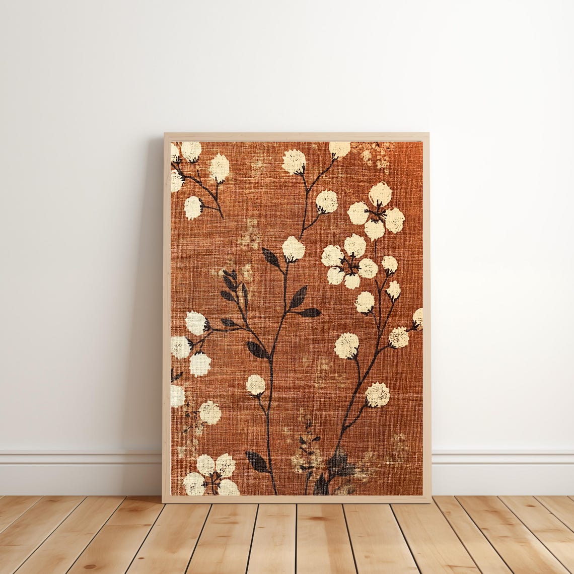 Cream Blossom Branches on Rust Textile Vintage Botanical Print