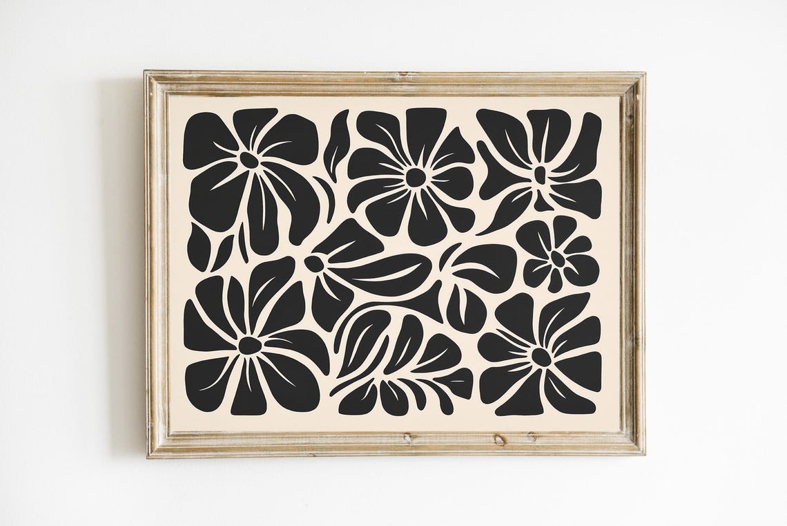 Black Beige Japandi Abstract Floral Botanical Pattern Poster