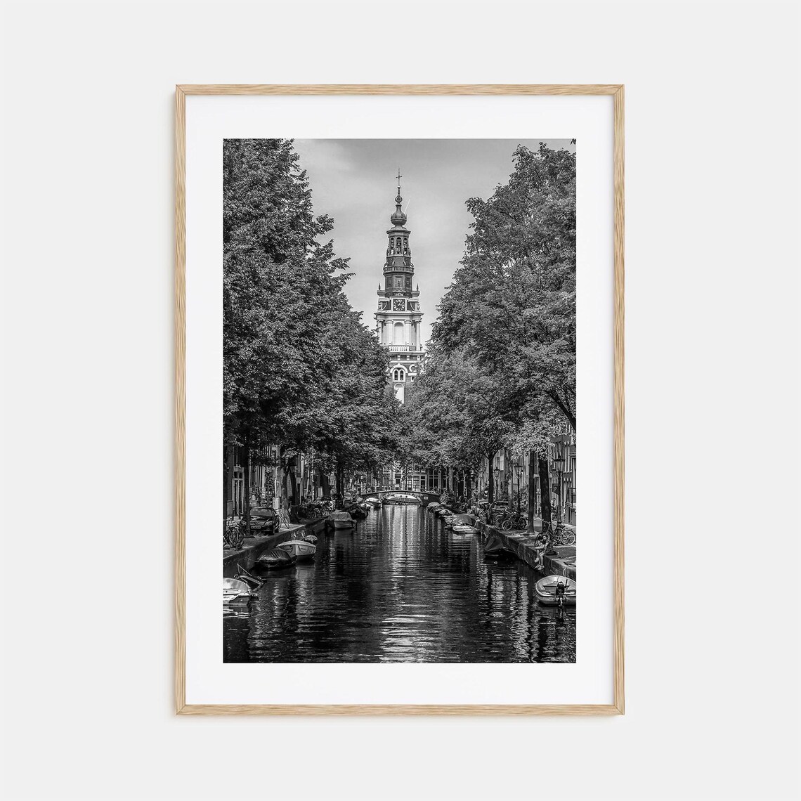 Old Tree Lined Canal Church Tower Black and White Europe Poster