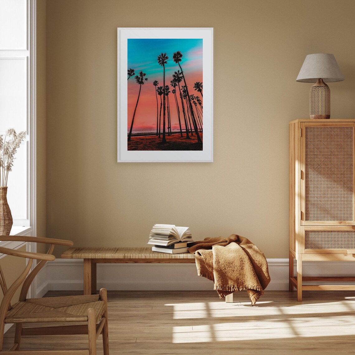 California Palm Trees Against a Teal and Coral Sunset Poster - Image 3
