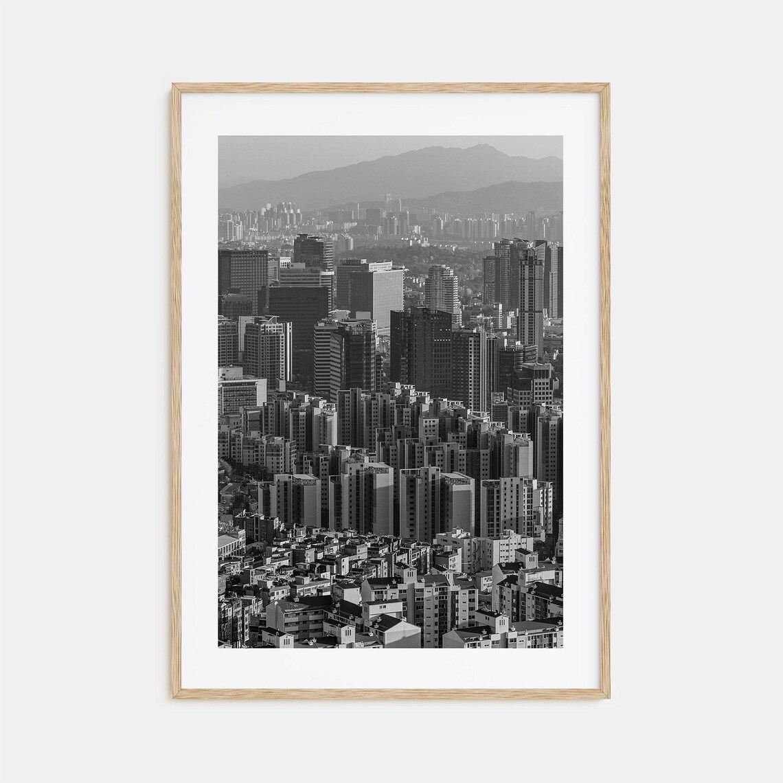 Seoul City Skyline Mountains Black And White Urban Photo Poster