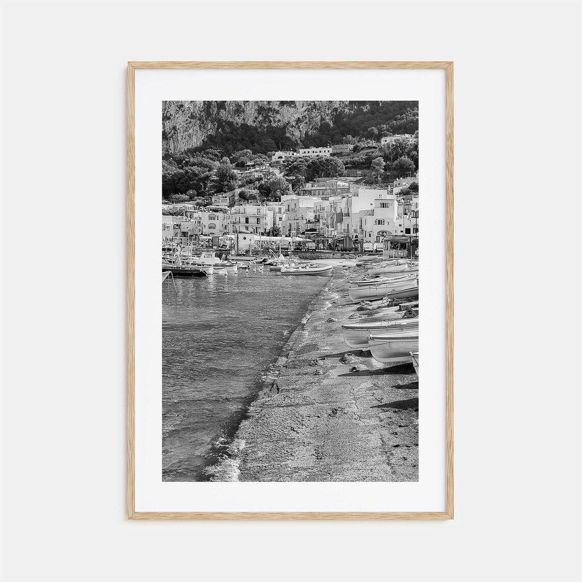 Capri Italy Marina Grande Harbor Boats Black and White Poster