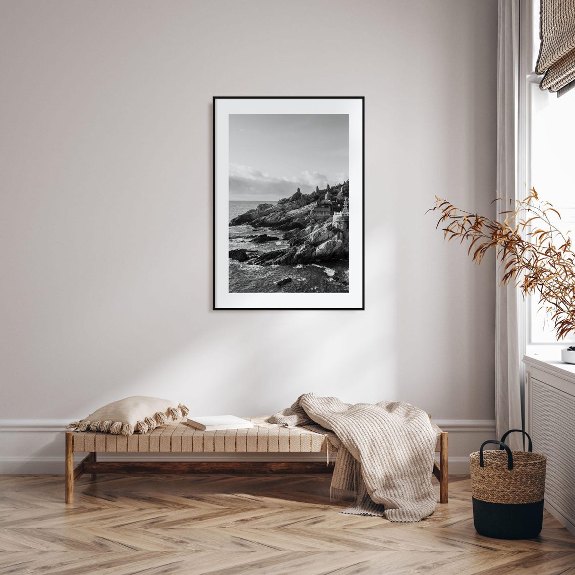 Rocky Coastline Temple on Cliffs Black and White Ocean Poster - Image 2
