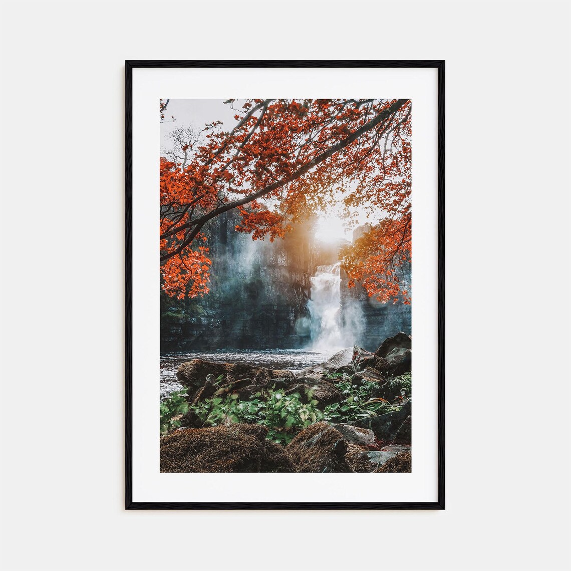 Durham England Autumn Waterfall Red Leaves Misty Cascade Photo Poster