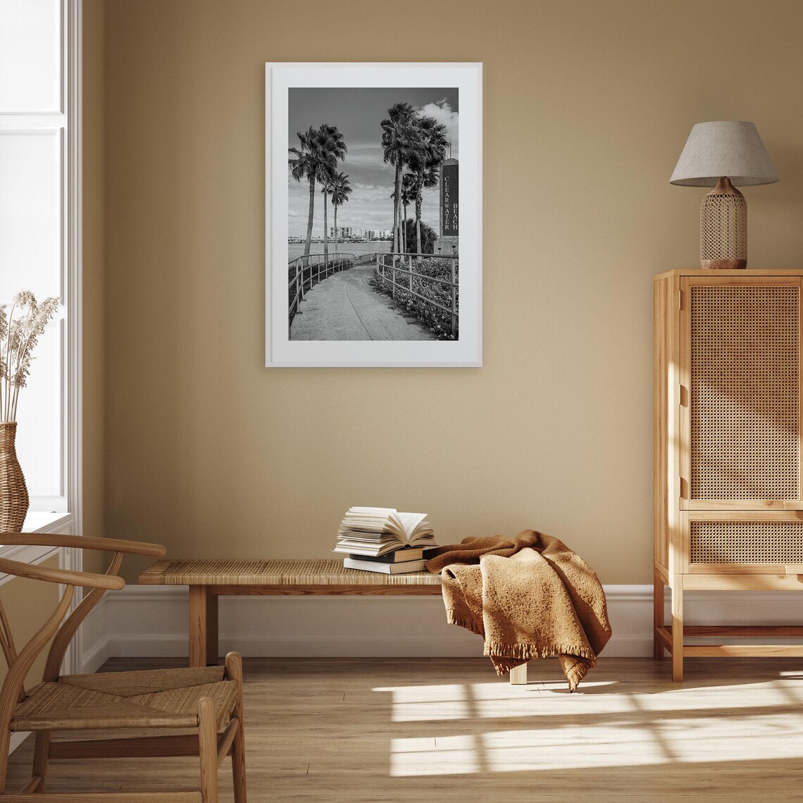 Clearwater Beach Sign and Palms Black and White Florida Poster - Image 3