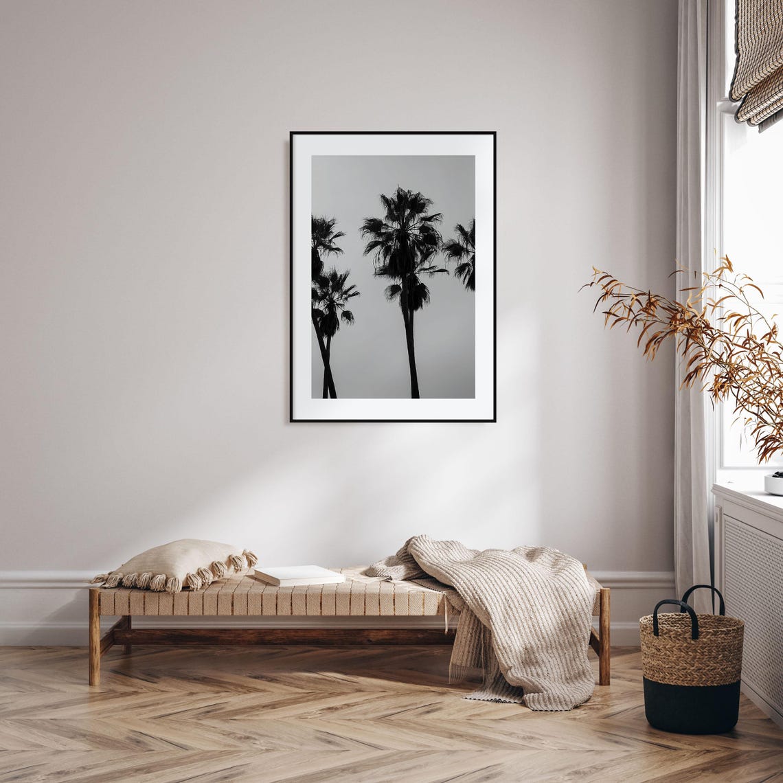 Tall Palm Trees Silhouetted Against Bright Sky Black And White Poster - Image 2