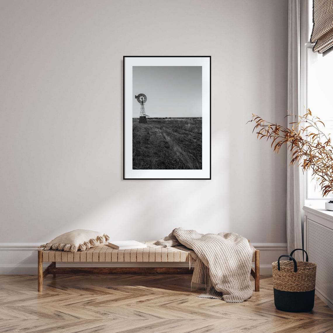 Lone Windmill Open Field Black White Rural Farm Landscape Poster - Image 2