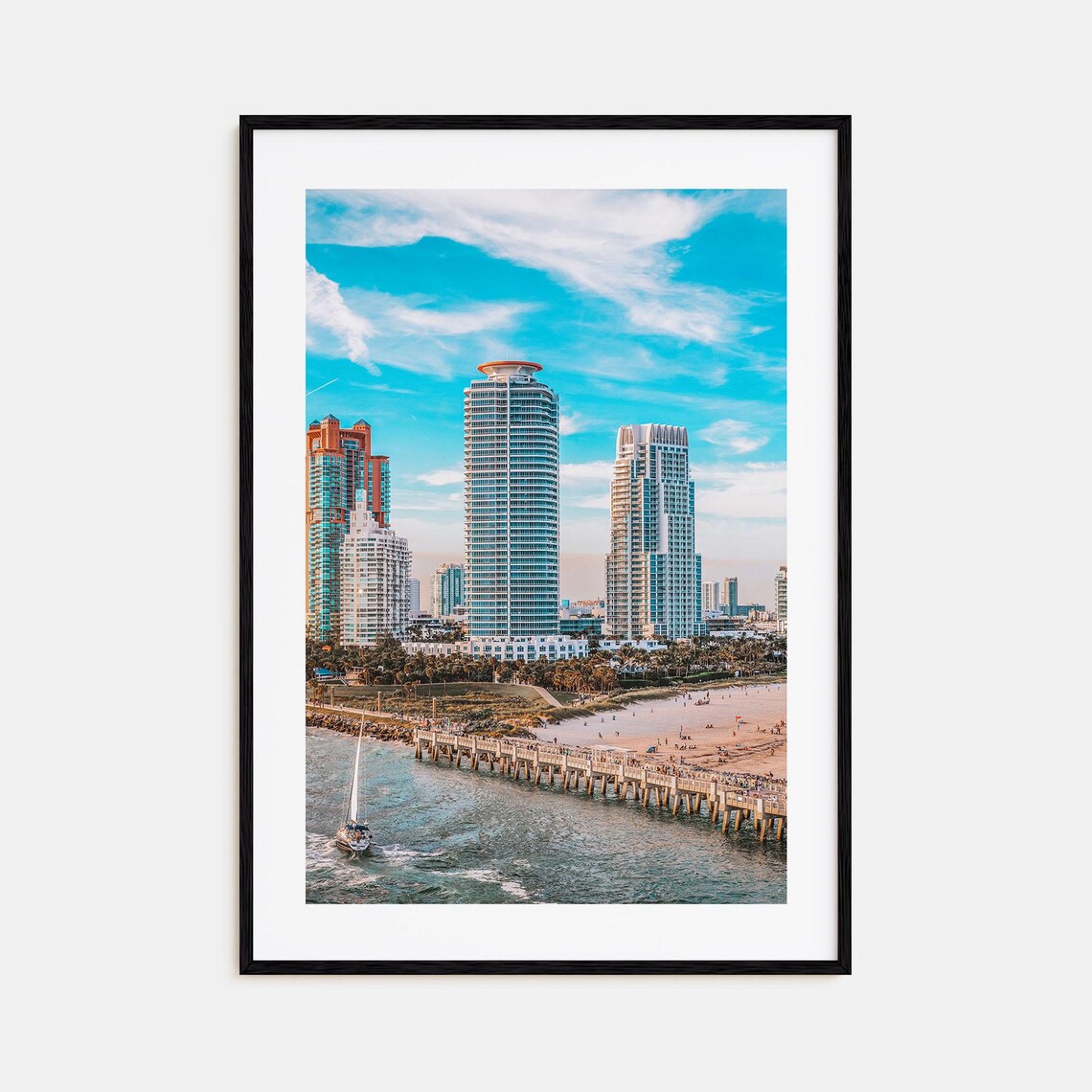 Miami Beach Skyline Hotels Pier Sailboat Aerial Photo Poster
