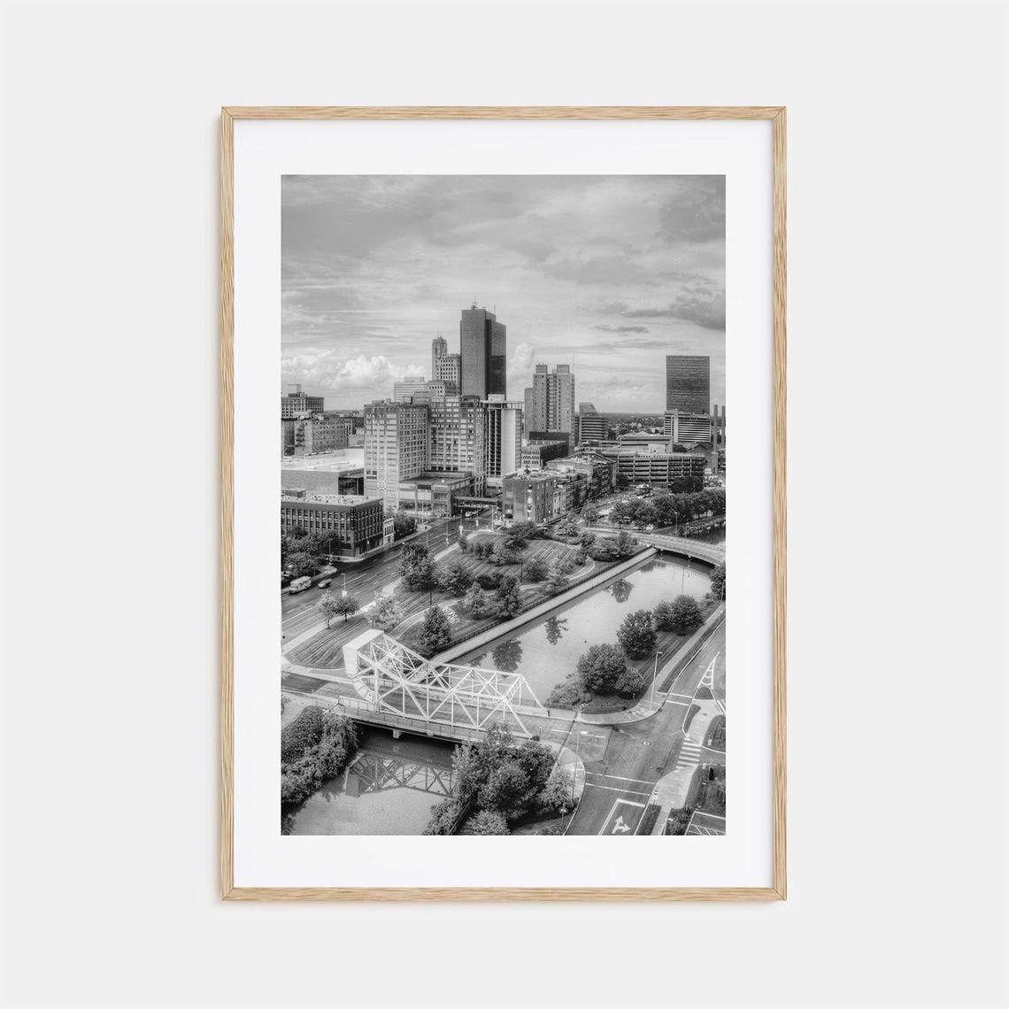 City Aerial Canal Bridge Downtown Buildings Black White Poster