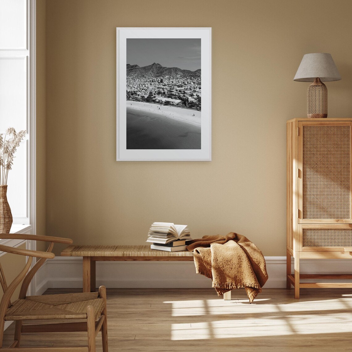 Cape Verde Coastal City Beach Mountains Aerial Black White Poster - Image 3