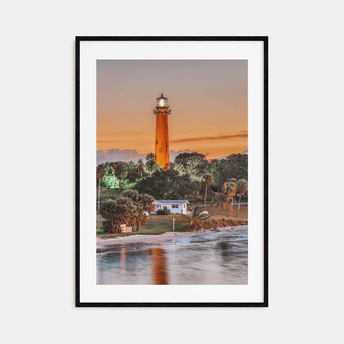 Jupiter Inlet Lighthouse at Dusk Palm Trees Photography Poster