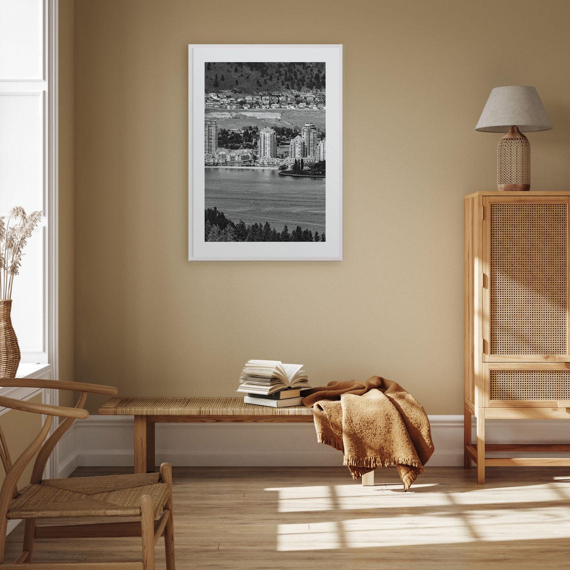 Lakeside City Skyline With Forested Hills Black And White Poster - Image 3