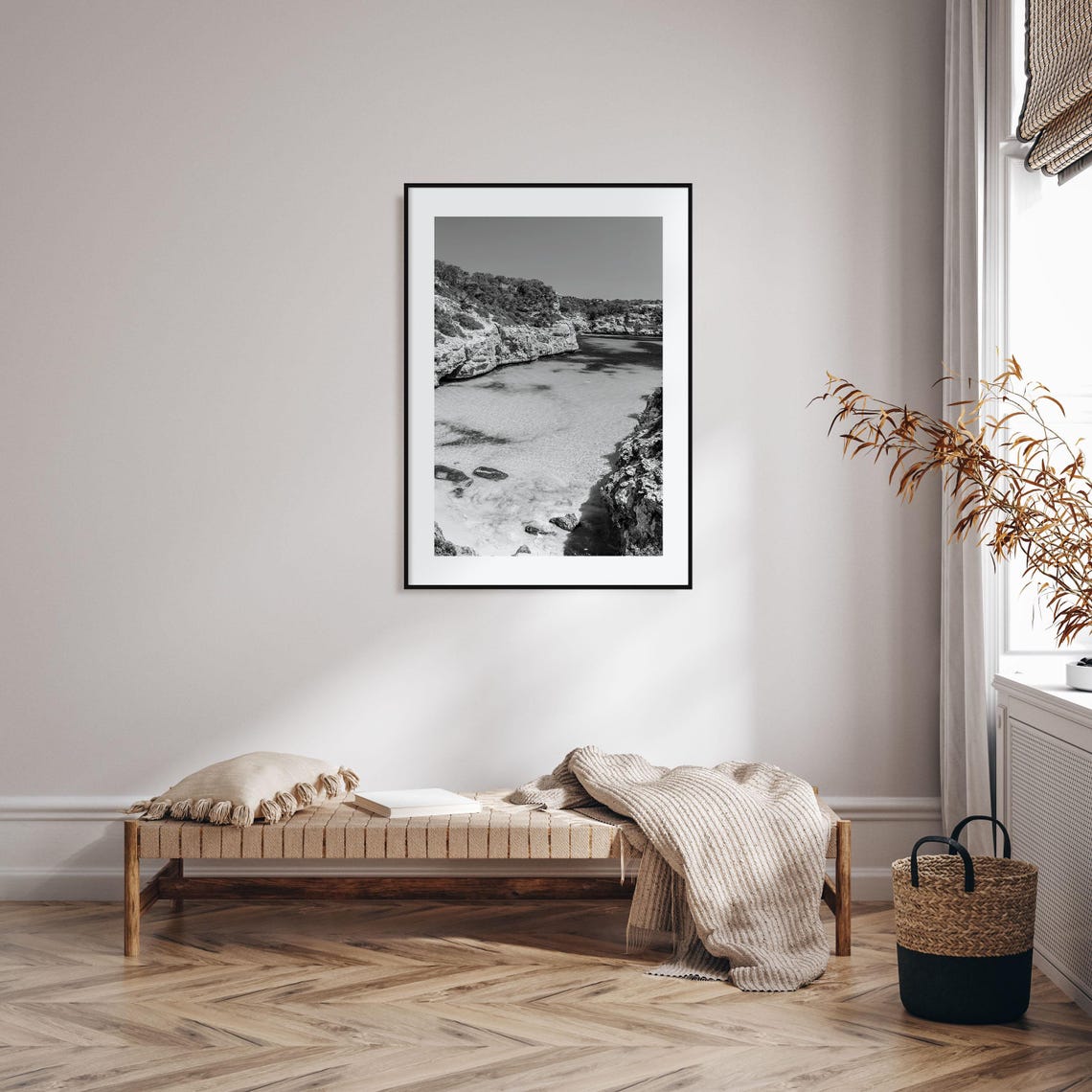 Rocky Cove With Clear Shallow Water Black and White Coast Poster - Image 2