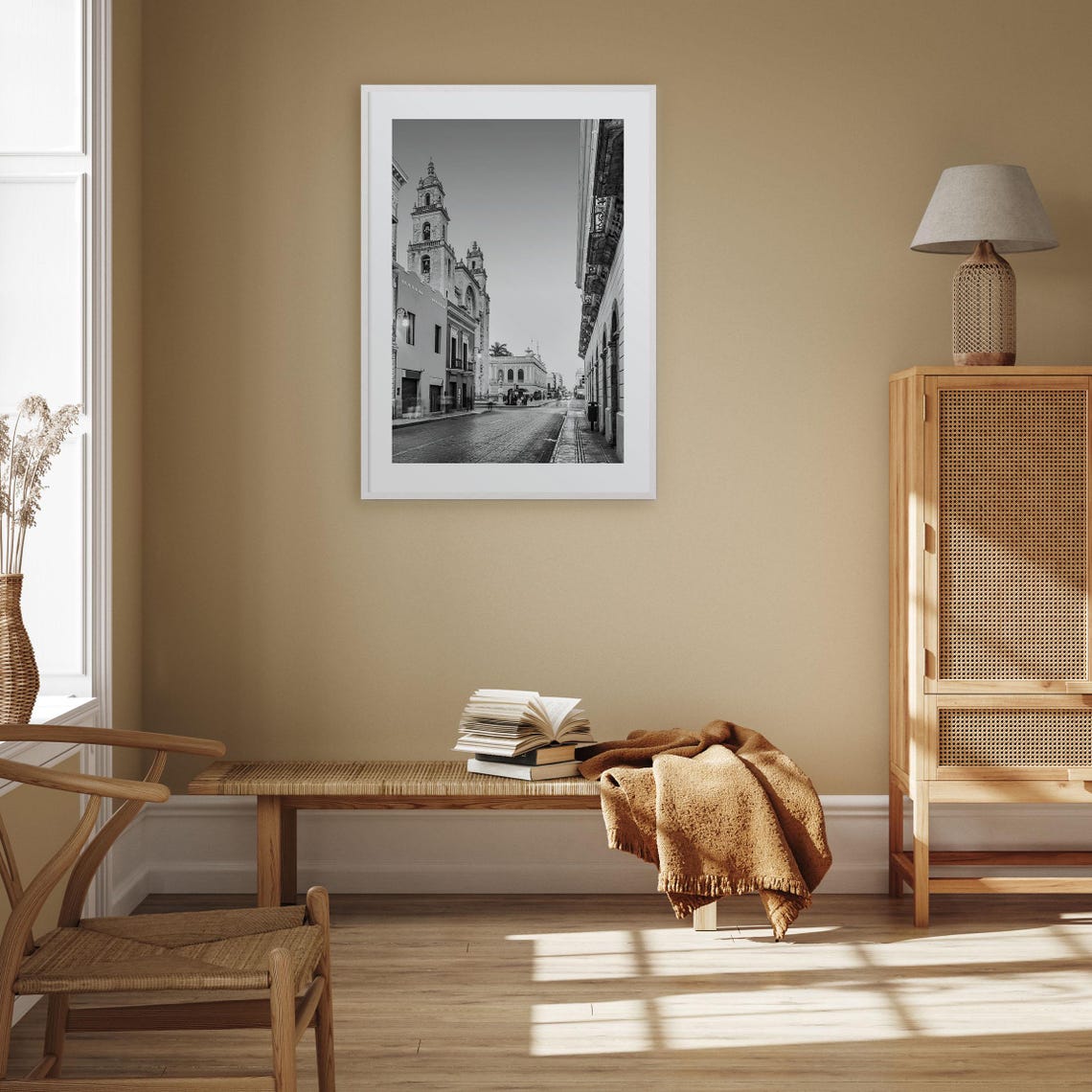Merida Mexico Cathedral Towers Colonial Street Black and White Poster - Image 3