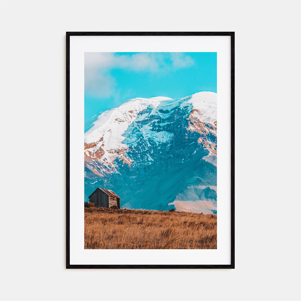 Ecuador Snow Capped Mountain Peak Cabin Golden Meadow Photo Poster
