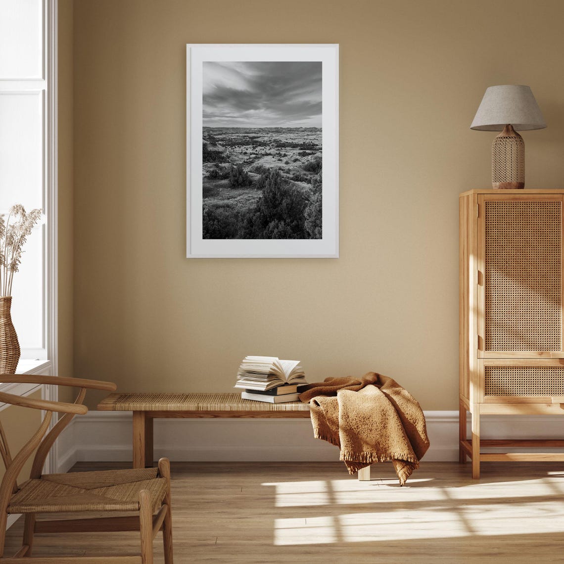 Wide Open Prairie Valley Under Dramatic Clouds Black White Poster - Image 3