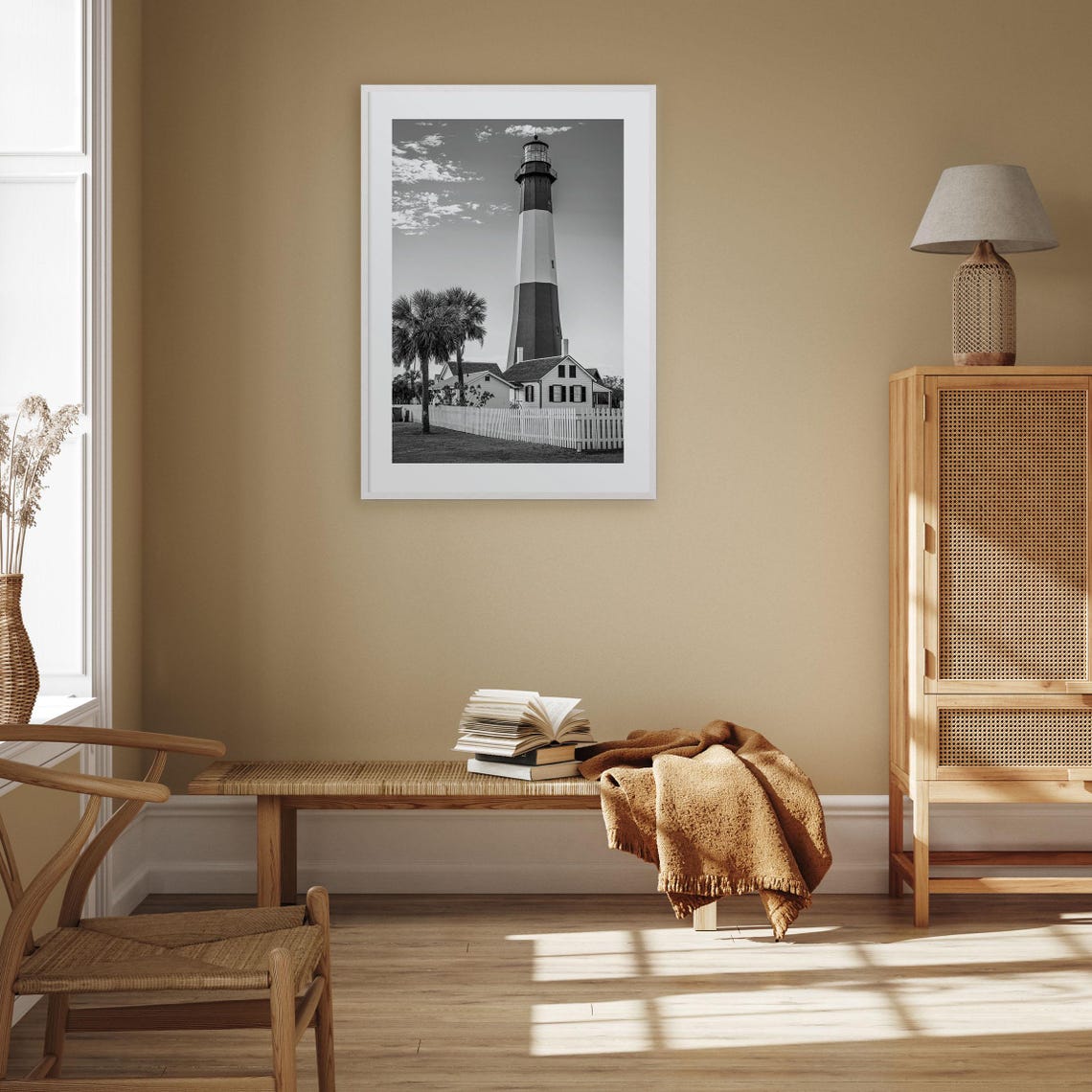 Tybee Island Striped Lighthouse Palm Trees Black And White Poster - Image 3