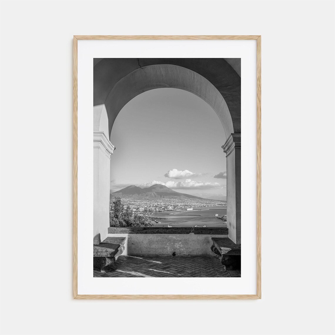 Naples Italy Vesuvius View Through Stone Arch Black and White Poster