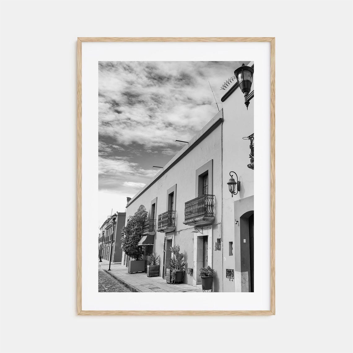 Oaxaca Colonial Street Iron Balconies Black And White Poster