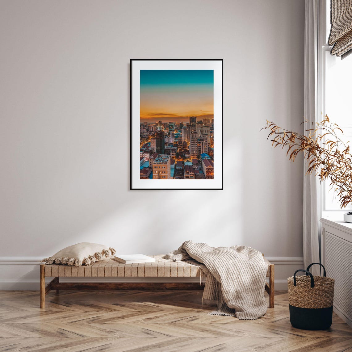 City Skyline at Sunset Aerial View Glowing Urban Lights Print - Image 2