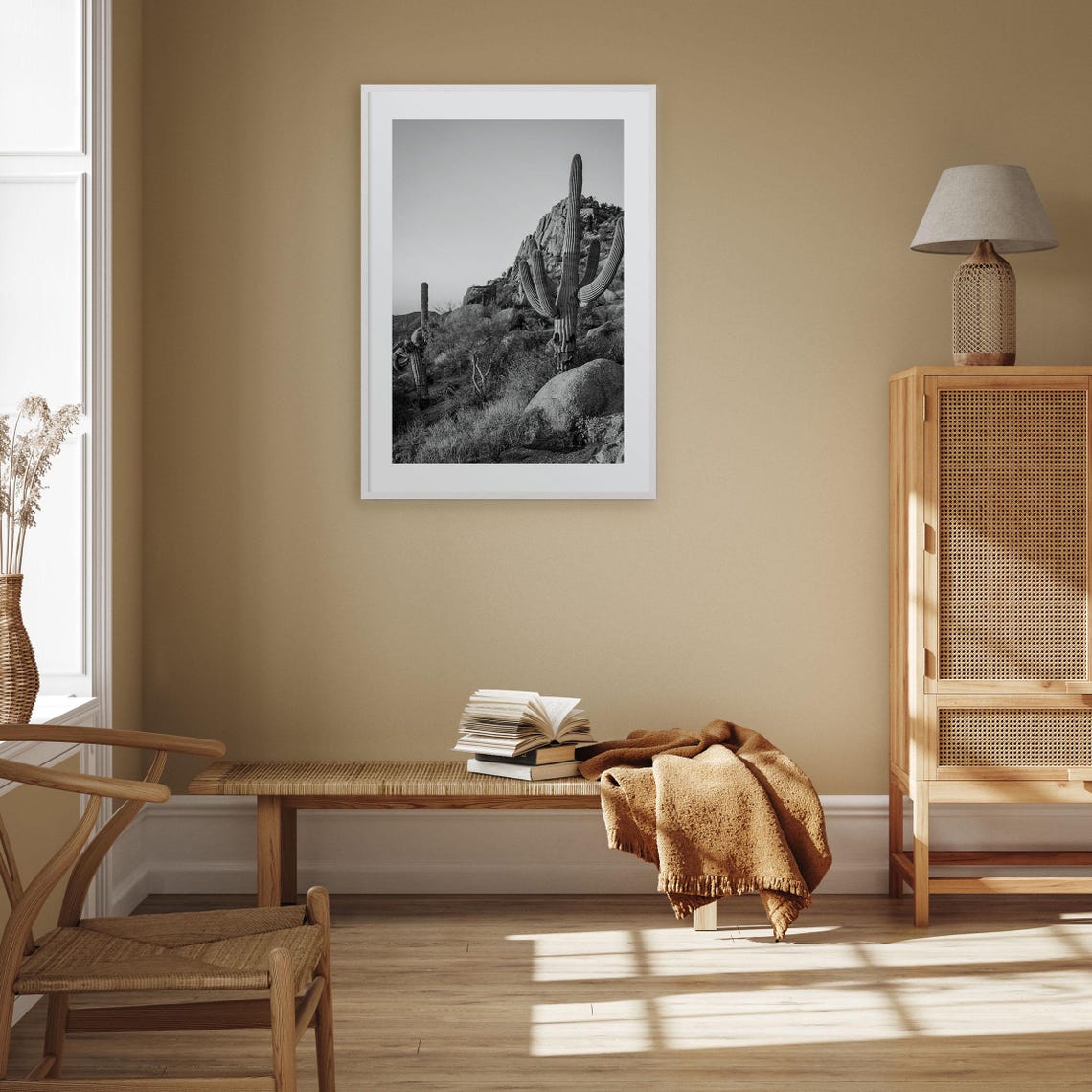 Scottsdale Saguaro Cactus Rocky Desert Black And White Poster - Image 3