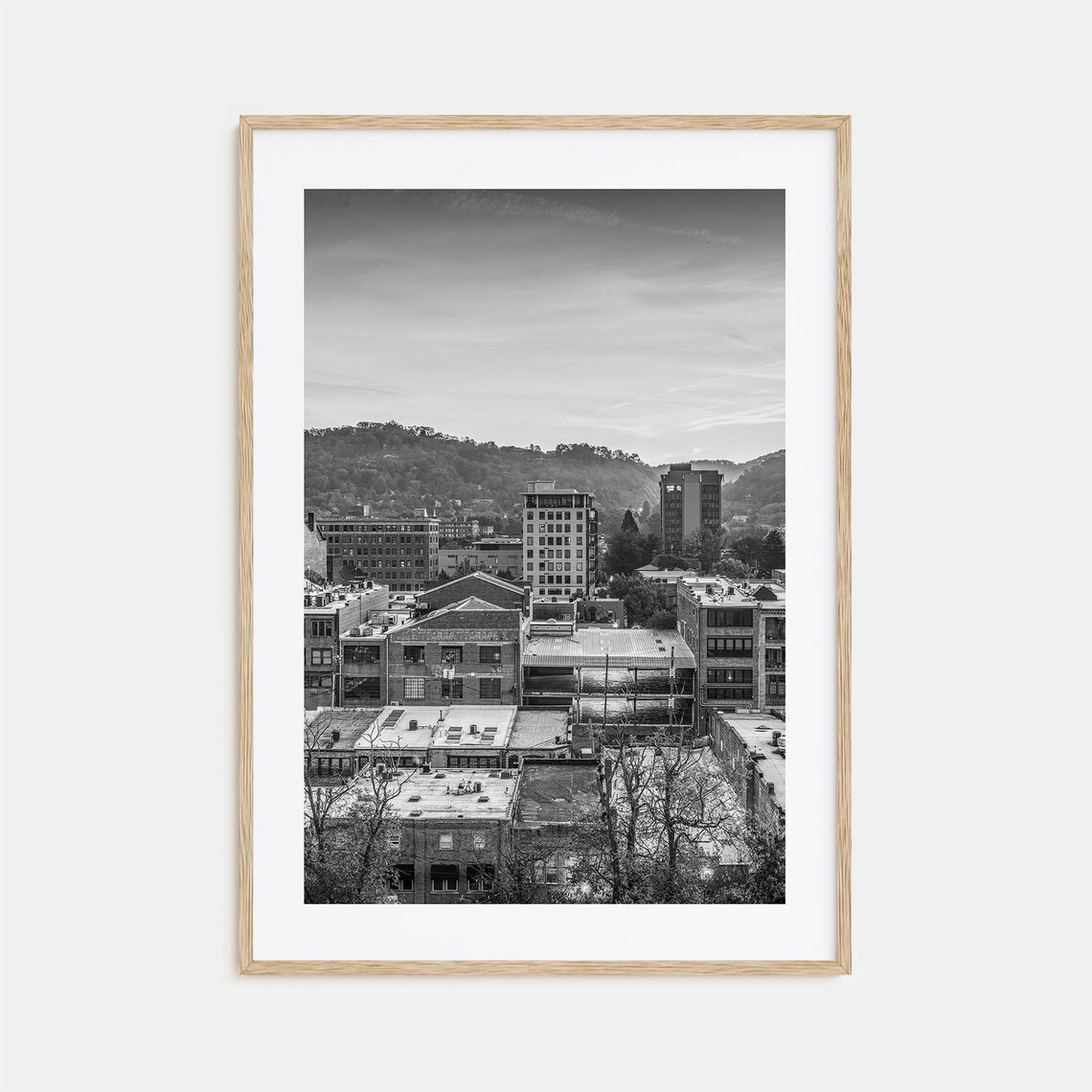 Asheville Downtown Rooftops Mountain Town Black And White Photo Poster