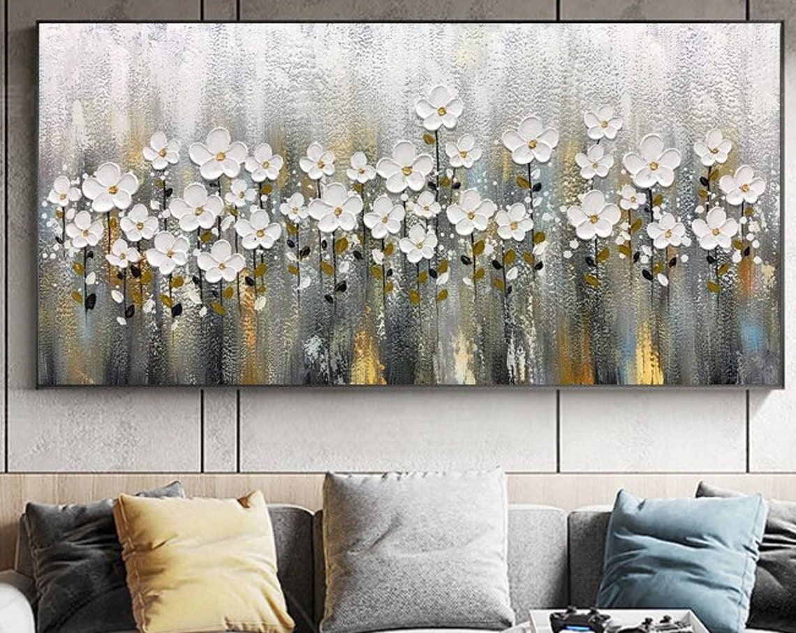 White Cherry Blossom Row Wide Silver Gold Floral Branch Poster