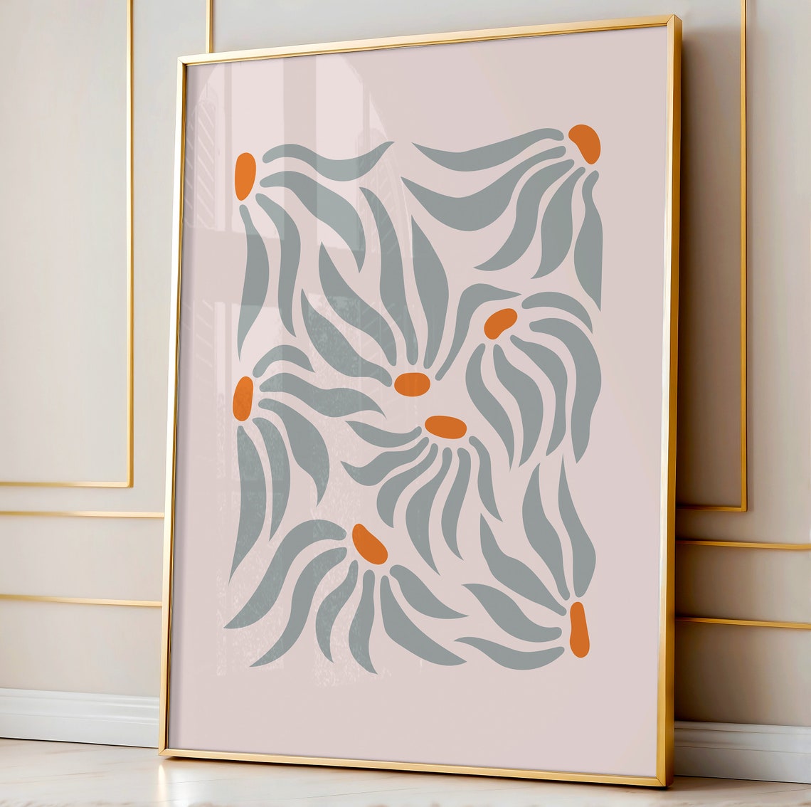Abstract Grey Orange Flowers Pink Background Modern Art Poster - Image 2