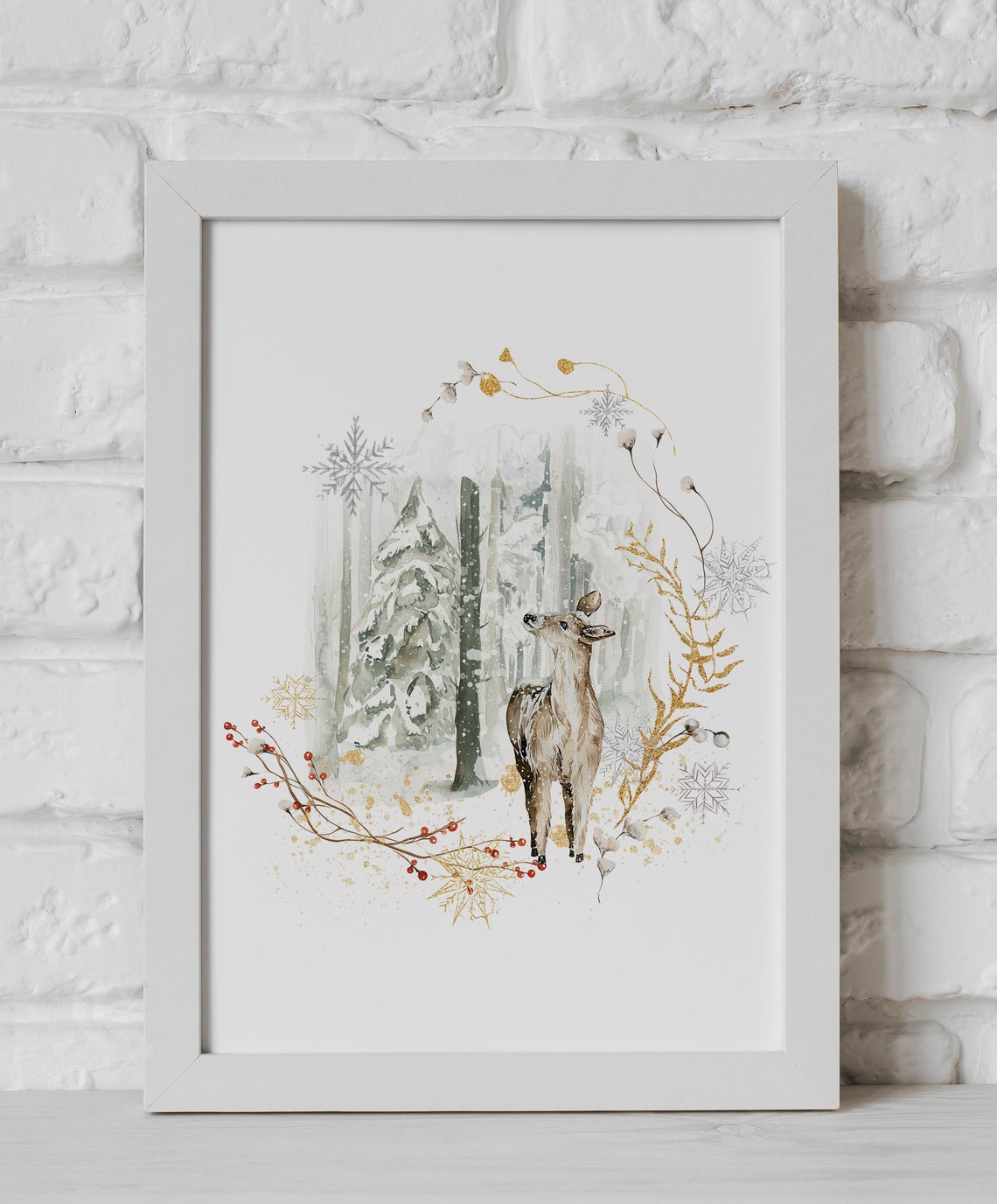 Watercolor Deer Snowy Winter Forest Golden Wreath Christmas Poster