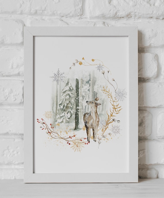 Watercolor Deer Snowy Winter Forest Golden Wreath Christmas Poster