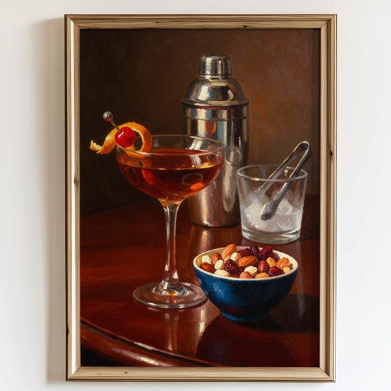 Manhattan Cocktail Cherry Garnish Silver Shaker Bar Still Life Poster