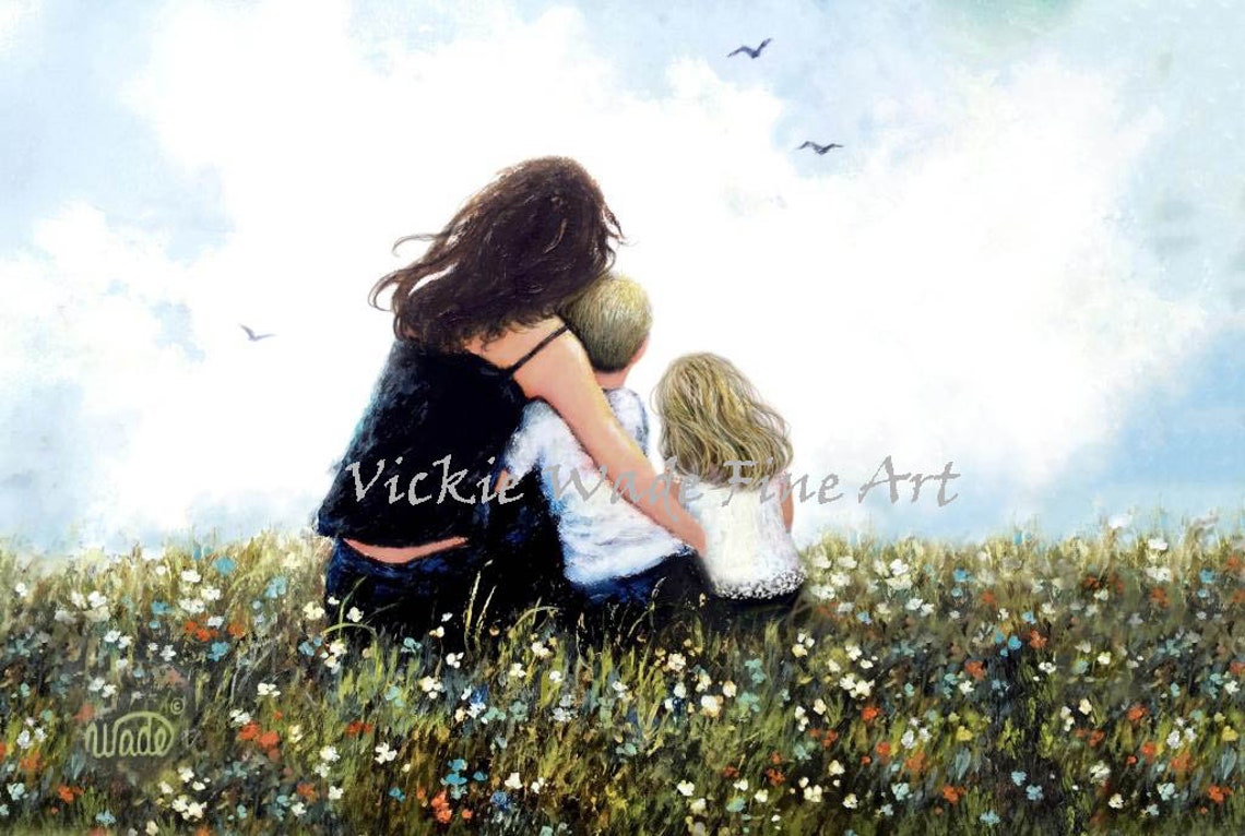 Mother Son And Little Daughter Hugs Art Print Brother And Sister Boy And Girl Sitting In Meadow Mom Mum Two Kids Vickie Wade Art
