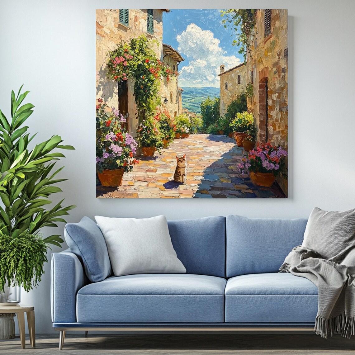 Floral European Street, Mediterranean Street Scene Art - Image 2