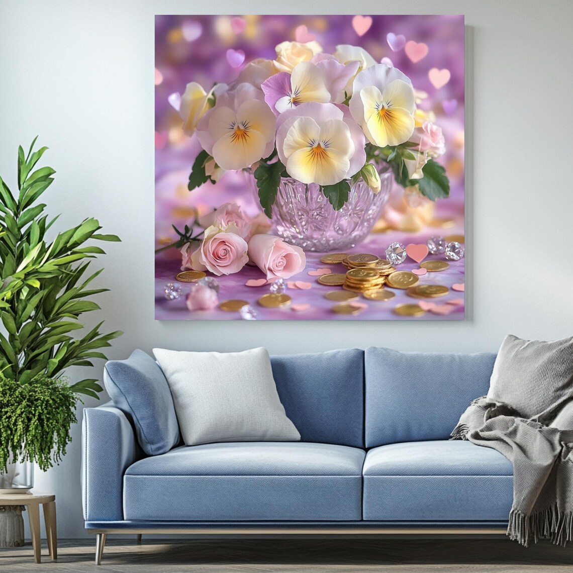 Pansy and Rose Floral Bouquet, Romantic Decor - Image 2