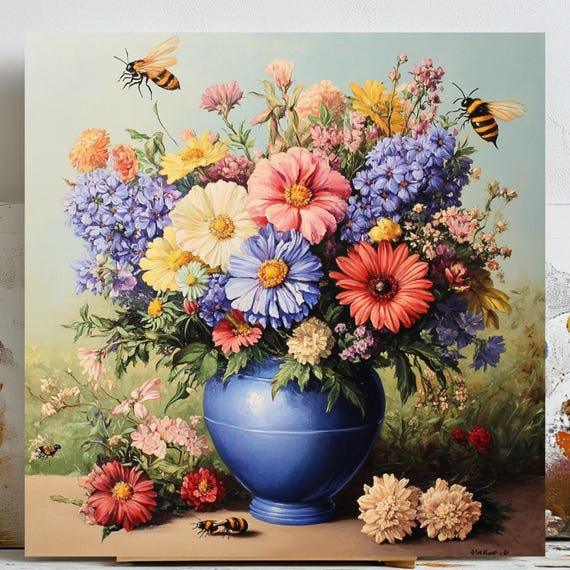 Flower Vase Still Life Painting, Botanical Decor