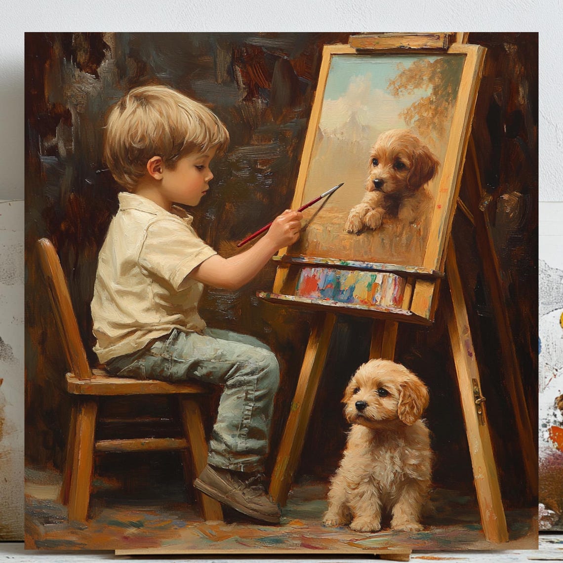 Boy And Puppy, Kids Room Decor Art Print