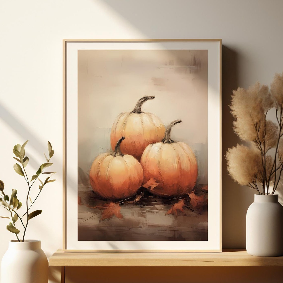 Rustic Three Orange Pumpkins Autumn Harvest Still Life Art Poster