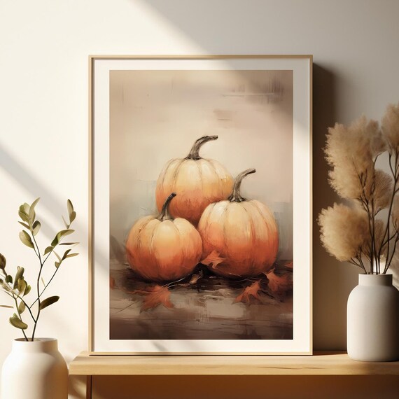 Rustic Three Orange Pumpkins Autumn Harvest Still Life Art Poster