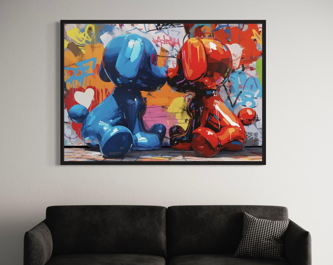 Glossy Blue and Red Pop Art Dogs Before a Graffiti Wall Poster